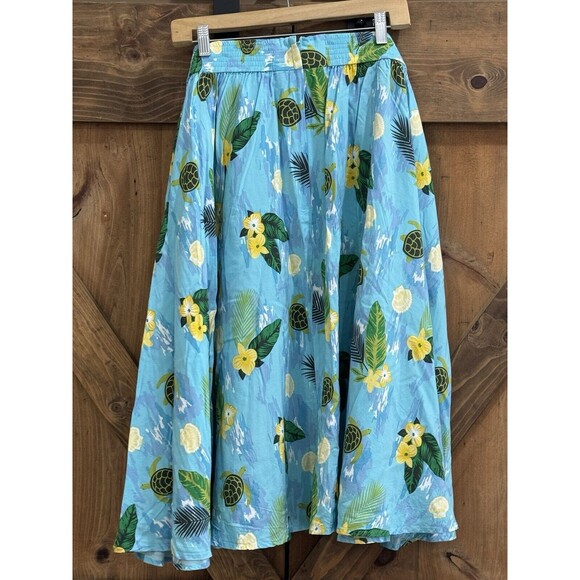 Modcloth Collectif Skirt Women’s Sz 26 A-line Blue Green Turtles Hawaiian Print - Picture 2 of 5